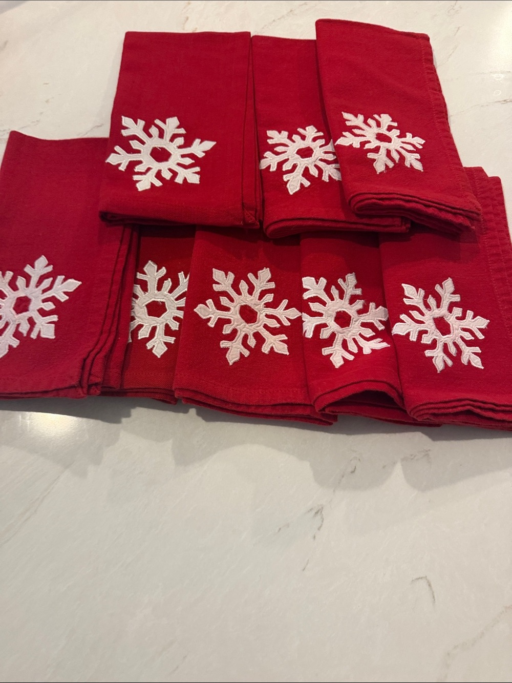 Set of 8 Red Embroidered Snowflake Holiday Napkins - Cloth Napkins.